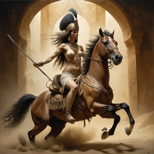 Prompt: style of Rembrandt, depicting an intense scene of people riding horseback, with Alma a Beduin warrior woman, piercing eyes, sensual poses, unclad. Fringe absurdism, complex flowing arabesque shapes, subtle shadows, Egyptian Pharaoh Warrior Armor, fractal, math, art by [Milo Manara | Ray Caesar | Ross Draws | Andy Kehoe | Hokusai | Alberto Seveso | Wadim Kashin]