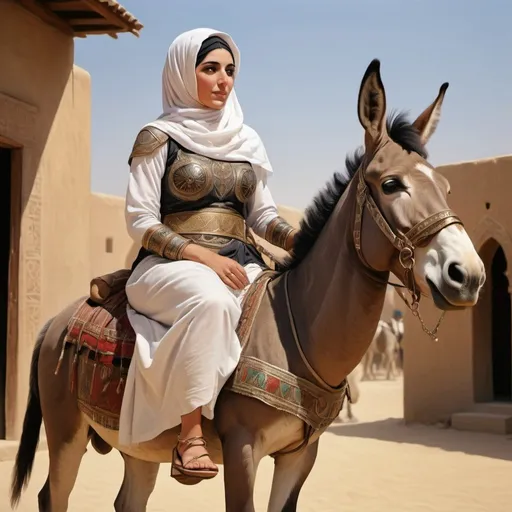 Prompt: Old Icon painting, old oil painting of beautiful fair Arab warrior woman wearing a kufiyah and detailed skimpy Arab armor, sitting on a donkey with baby in her lap, an Arab man walking by her side, photorealistic, realistic painting, 8K ultra high resolution --ar 7:4"