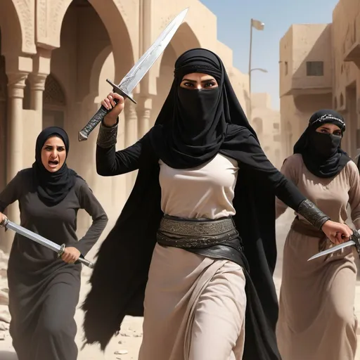 Prompt: Arab woman defending her family, detailed torn clothing, Black vail, urban battle scene, palistinian kufiyah, waving war sword, fierce expression, accompanies by 3 women arab warriors, dynamic action, high quality, detailed realism, battle scene, fierce expression, dynamic action, high quality, detailed realism,digital art,ultra realistic,ultra detailed, ultra wide Lens,