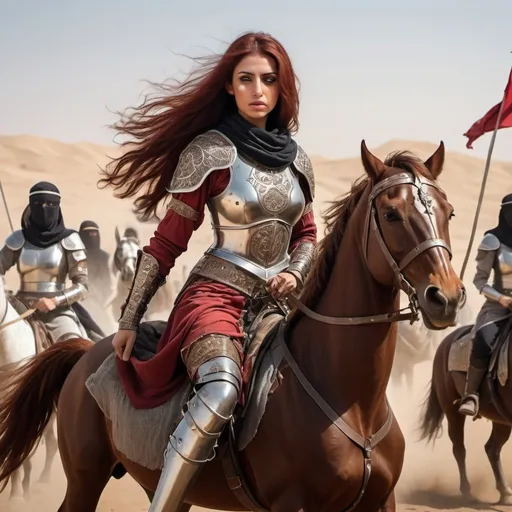 Prompt: Wide angel photo, Alma and her  6 beduin worrior women with flowing dark red hair, clad in ornate Arab armor, revealing mud-spattered legs, arms, and midriff beneath a veneer of battle weariness, on horse back, return to their village, fencing scene in the middel of a battle, between an Arabian warrior woman  swords drawn and fencing with the enemy soldiors, flags swords and shields engaged, Hyper realistic, Orientalist style