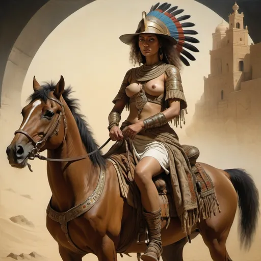 Prompt: style of Rembrandt, depicting an intense scene of people riding horseback, with Alma a Beduin warrior woman, piercing eyes, sensual poses, unclad. Fringe absurdism, complex Egyptian Pharaoh shapes, subtle shadows, Arabian Peninsula Bedouin Armor, fractal, math, art by [Milo Manara | Ray Caesar | Ross Draws | Andy Kehoe | Hokusai | Alberto Seveso | Wadim Kashin]