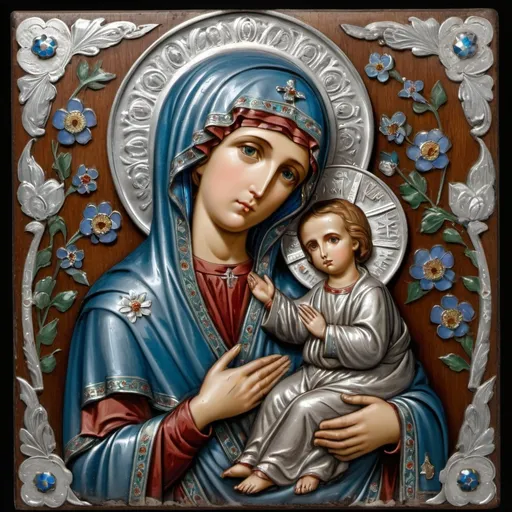 Prompt: Orthodox icon of virgin Mary with silver oklad with cloisonne enamel decoration. Oil painting on chalk ground and wood. Depiction of virgin Mary. Silver oklad in relief with polychrome enamel in cloisonne decoration with stylised blossoms, , photorealistic, realistic painting, 8K ultra high resolution --ar 7:4"