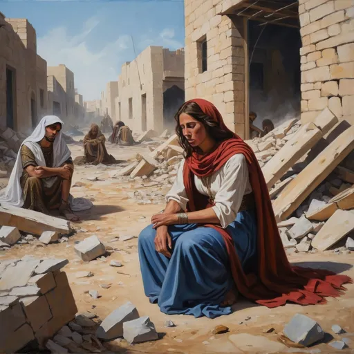 Prompt: Oil painting depicting artist Greg Rutkowski style battle scene featuring Mary Magdalene kneeling to attend to Alma, a wounded Arab Bedouin warrior lying amidst the rubble of the city.