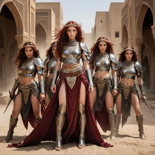 Prompt: Wide angel photo, in an urban battle scene, 6 beautiful beduin worrior women with flowing dark red hair, clad in ornate Arab armor, with exposed legs and arms and and midriffs, beneath a veneer of battle weariness, crawl away  so bowed-down that their bodies almost blend with the earth beneath them, Hyper realistic, Orientalist style