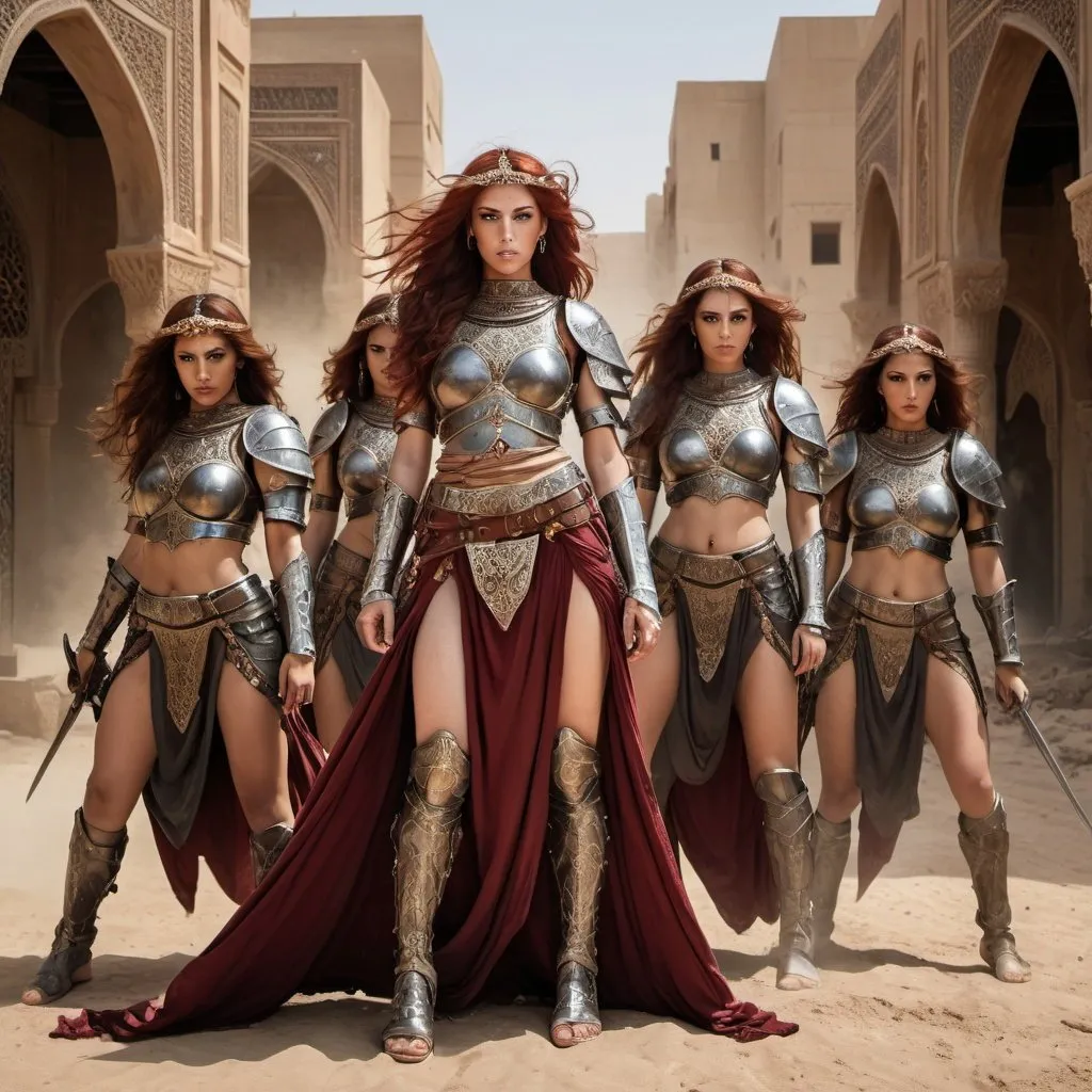 Prompt: Wide angel photo, in an urban battle scene, 6 beautiful beduin worrior women with flowing dark red hair, clad in ornate Arab armor, with exposed legs and arms and and midriffs, beneath a veneer of battle weariness, crawl away  so bowed-down that their bodies almost blend with the earth beneath them, Hyper realistic, Orientalist style