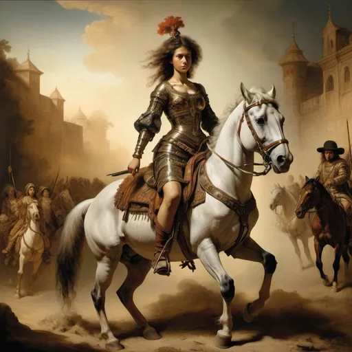 Prompt: style of Rembrandt, depicting an intense scene of people riding horseback, with Alma a Beduin warrior woman on horseback, piercing eyes, sensual poses, unclad. Fringe absurdism, complex flowing arabesque shapes, subtle shadows, collage body Ottoman Empire Armor, fractal, math, 