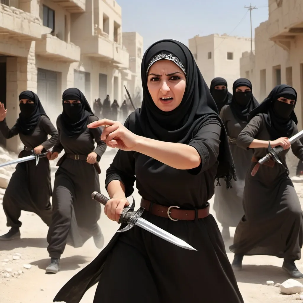 Prompt: Shadia Abu Ghazaleh defending her family, torn military clothing, Black vail, urban battle scene, Palestinian kufiyah, waving war sword, fierce expression, accompanies by 3 women arab warriors, dynamic action, high quality, detailed realism, battle scene, fierce expression, dynamic action, high quality, detailed realism, digital art, ultra realistic,ultra detailed, ultra wide Lens, 