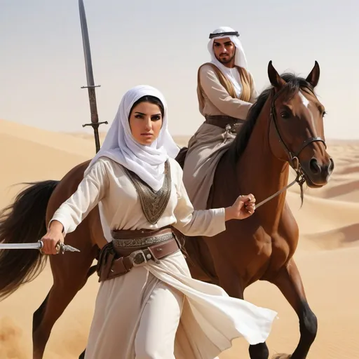 Prompt: Vailed Arab woman warrior, desert battle scene, Arabian stallion, kufiyah, waving sword, detailed traditional clothing, fierce expression, protecting older Arab man standing behind her, sandy desert landscape, dynamic action, high quality, detailed realism, Arabian, warrior, desert, battle scene, traditional clothing, kufiyah, Arabian stallion, fierce expression, detailed, dynamic action, sandy desert, high quality, detailed realism