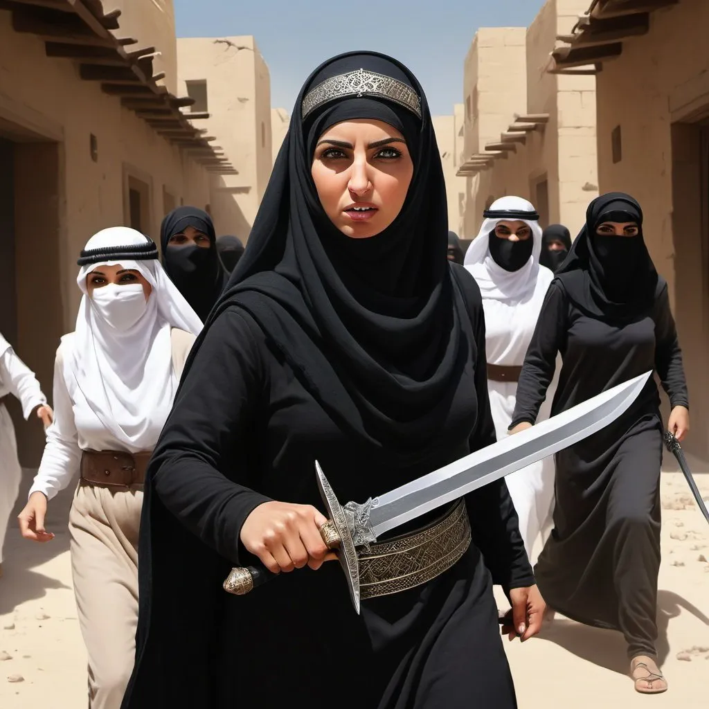 Prompt: Arab woman defending her family, detailed torn clothing, Black vail, urban battle scene, palistinian kufiyah, waving war sword, fierce expression, accompanies by 3 women arab warriors, dynamic action, high quality, detailed realism, battle scene, fierce expression, dynamic action, high quality, detailed realism,digital art,ultra realistic,ultra detailed, ultra wide Lens,