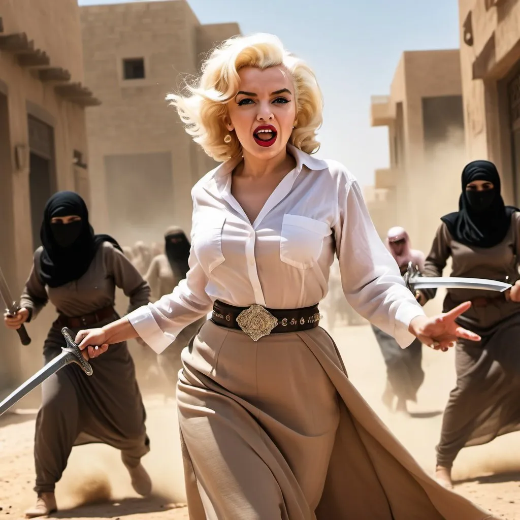 Prompt: Marilyn Monroe as Arab woman defending her family, skirt and blouse are torn, urban battle scene, waving war sword, fierce expression, accompanies by 3 women, dynamic action, high quality, detailed realism, battle scene, fierce expression, dynamic action, high quality,digital art,ultra realistic,ultra detailed, ultra wide Lens, dusty air, 