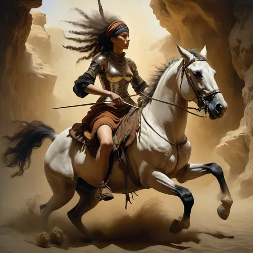 Prompt: style of Rembrandt, depicting an intense battle scene with Alma a beautiful fair Bedouin warrior woman riding her horse, piercing eyes, sensual poses, unclad. Fringe absurdism, complex flowing arabesque shapes, subtle shadows, body armor colors, fractal, math, art by [Milo Manara | Ray Caesar | Ross Draws | Andy Kehoe | Hokusai | Alberto Seveso | Wadim Kashin]