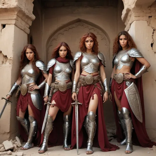 Prompt: Wide angel photo, in an urban battle scene, 6 beautiful Bedouin warrior women with flowing dark red hair, clad in ornate Arab armor, with exposed legs and arms and and midriffs, beneath a veneer of battle weariness, hiding on their knees behind a partially demolished wall with their shields and swords, Hyper realistic, Orientalist style