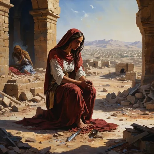 Prompt: Oil painting depicting artist Greg Rutkowski style battle scene featuring Mary Magdalene kneeling to attend to Alma, a wounded Arab Bedouin warrior lying amidst the rubble of the city.