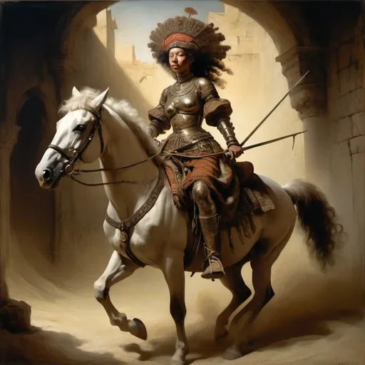 Prompt: style of Rembrandt, depicting an intense scene of people riding horseback, with Alma a Beduin warrior woman, piercing eyes, sensual poses, unclad. Fringe absurdism, complex flowing arabesque shapes, subtle shadows, Ottoman Empire Armor, fractal, math, art by [Milo Manara | Ray Caesar | Ross Draws | Andy Kehoe | Hokusai | Alberto Seveso | Wadim Kashin]