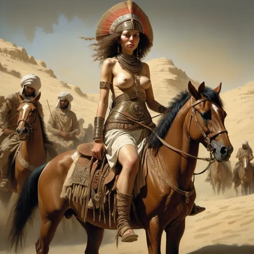 Prompt: style of Rembrandt, depicting an intense scene of people riding horseback, with Alma a Beduin warrior woman, piercing eyes, sensual poses, unclad. Fringe absurdism, complex Egyptian Pharaoh shapes, subtle shadows, Arabian Peninsula Bedouin Armor, fractal, math, art by [Milo Manara | Ray Caesar | Ross Draws | Andy Kehoe | Hokusai | Alberto Seveso | Wadim Kashin]