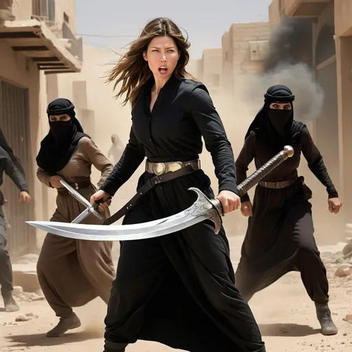Prompt: photograph of Jessica Biel as an Arab fighting woman defending her family, wearing black torn clothing, in an urban battle scene, waving war sword, fierce expression, accompanied by 3 women, dynamic action, high quality, detailed realism, digital art, ultra realistic, ultra detailed, ultra wide Lens, holding large #Palistinian #Shield,