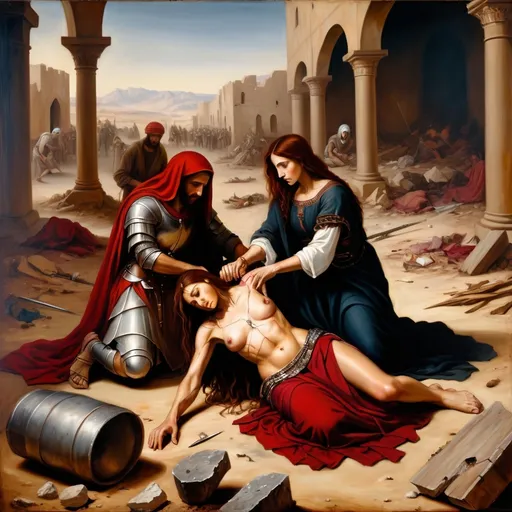 Prompt: Oil painting of a battle scene reminiscent of Leonardo da Vinci, Jesus Christ and Mary Magdalen on their knees tending to Alma, a beautiful dark red haired wounded Arab Bedouin warrior woman injured and bleeding, clad in revealing armor, lying amongst the rubble 