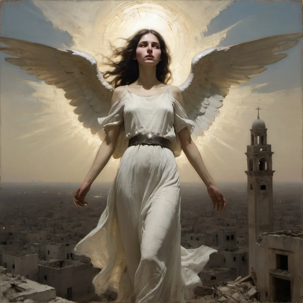 Prompt: in the style of abbott handerson thayer, a beautiful female angle flying over the destroyed city of Gaza dressed in scant white shining armour