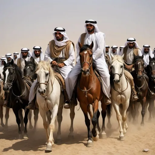 Prompt: Arab horsemen emerged, their faces etched with grief and weariness. They moved with purpose and reverence, gently lifting the fallen soldiers onto their horses.