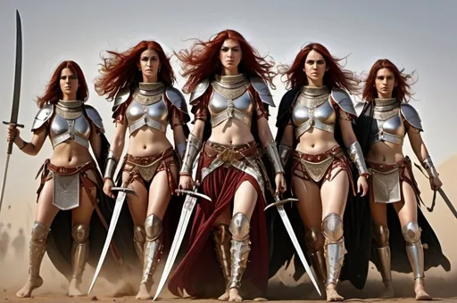 Prompt: Wide angel photo, Seven Arabian warrior women with flowing dark red hair, clad in ornate Arab armor, revealing mud-spattered legs, arms, and midriff beneath a veneer of battle weariness, swords drawn and fencing with the enemy, flags swords and shields engaged, dust rising from the ground, Hyper realistic, Orientalist style