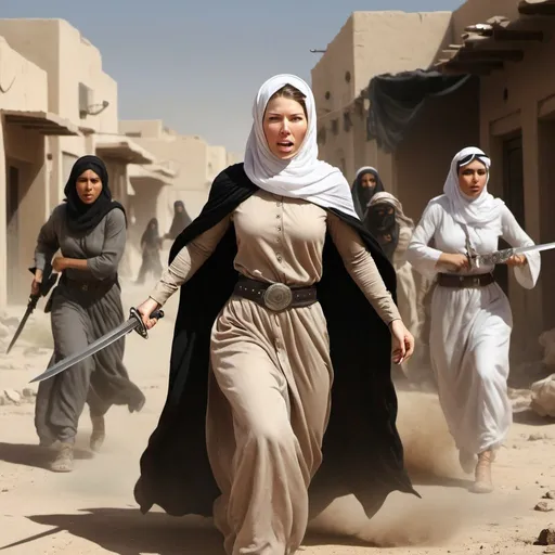 Prompt: Jessica Biel as Arab woman defending her family, black #torn #clothing, urban battle scene, waving war #sword, fierce expression, accompanied by 3 women, dynamic action, high quality, detailed realism, digital art, ultra realistic, ultra detailed, ultra wide Lens, dusty air, holding large #Palistinian #Shield,