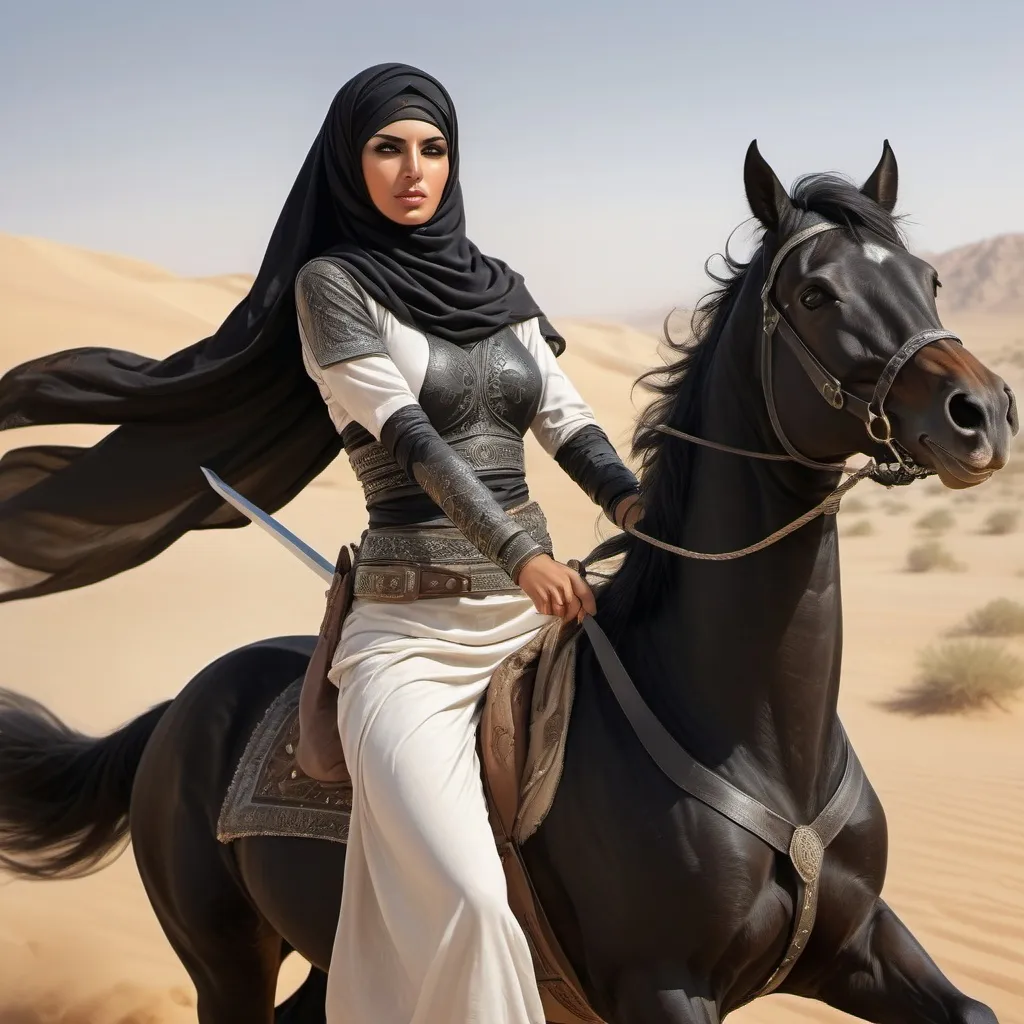 Prompt: fair Arab woman warrior, scantily dressed, Black vail, desert battle scene, Arabian stallion, Palestinian kufiyah, waving war sword, detailed black scant clothing, fierce expression, leading 3 arab warriors, sandy desert landscape, dynamic action, high quality, detailed realism, Arabian, warrior, battle scene, Black Arabian stallion, fierce expression, dynamic action, high quality, detailed realism, digital art, ultra realistic, ultra detailed, ultra wide Lens,