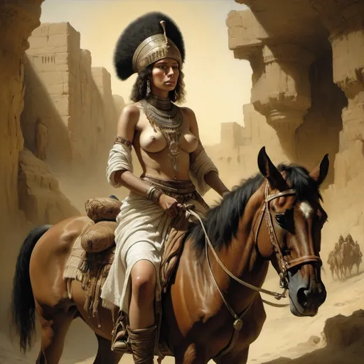 Prompt: style of Rembrandt, depicting an intense scene of people riding horseback, with Alma a Beduin warrior woman, piercing eyes, sensual poses, unclad. Fringe absurdism, complex Egyptian Pharaoh shapes, subtle shadows, Arabian Peninsula Bedouin Armor, fractal, math, art by [Milo Manara | Ray Caesar | Ross Draws | Andy Kehoe | Hokusai | Alberto Seveso | Wadim Kashin]