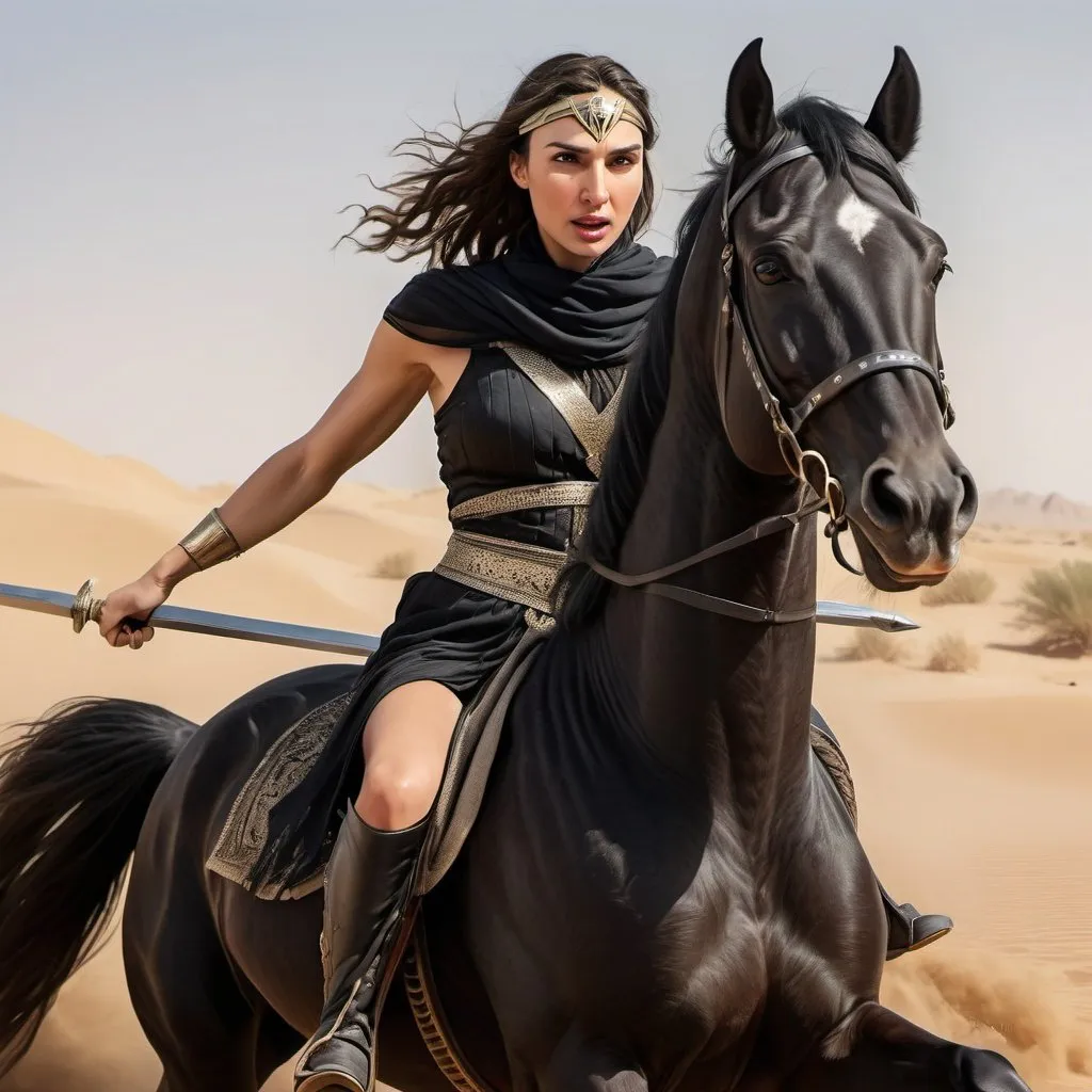 Prompt: Gal Gadot, Arab woman warrior, scantily dressed, Black vail, desert battle scene, Arabian stallion, palitinian kufiyah, waving war sword, detailed black traditional clothing, fierce expression, leading a detachment of arab warriors, sandy desert landscape, dynamic action, high quality, detailed realism, Arabian, warrior, desert, battle scene, traditional clothing, Black Arabian stallion, fierce expression, detailed, dynamic action, sandy desert, high quality, detailed realism,digital art,ultra realistic,ultra detailed, ultra wide Lens,