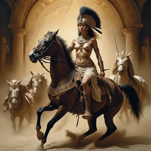 Prompt: style of Rembrandt, depicting an intense scene of people riding horseback, with Alma a Beduin warrior woman, piercing eyes, sensual poses, unclad. Fringe absurdism, complex flowing arabesque shapes, subtle shadows, Egyptian Pharaoh Warrior Armor, fractal, math, art by [Milo Manara | Ray Caesar | Ross Draws | Andy Kehoe | Hokusai | Alberto Seveso | Wadim Kashin]