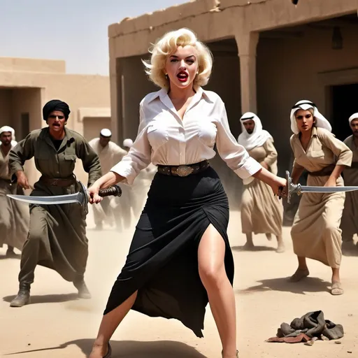 Prompt: Marilyn Monroe as wounded Arab woman defending her family, dirty and torn traditional black arab skirt and open blouse, bare legs and arms, urban battle scene, waving war sword, fierce expression, accompanies by 3 women, dynamic action, high quality, detailed realism, battle scene, fierce expression, dynamic action, high quality,digital art,ultra realistic,ultra detailed, ultra wide Lens, dusty air, 