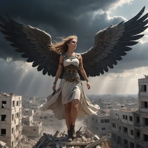 Prompt: The Valkyrie maidens came to Gaza in the time of death and devastation! The flew over the city filled with death and destruction.  