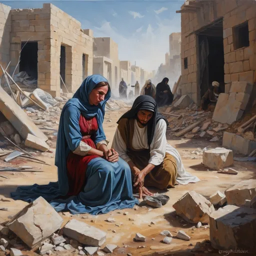 Prompt: Oil painting depicting artist Greg Rutkowski style battle scene featuring Mary Magdalene kneeling next to a wounded Arab Bedouin woman lying by her side amidst the rubble of the city.