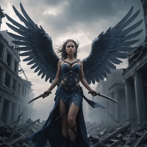 Prompt: The Valkyrie maidens with their oversized wings came to Gaza in the time of death and devastation! The flew over the city filled with death and destruction.  