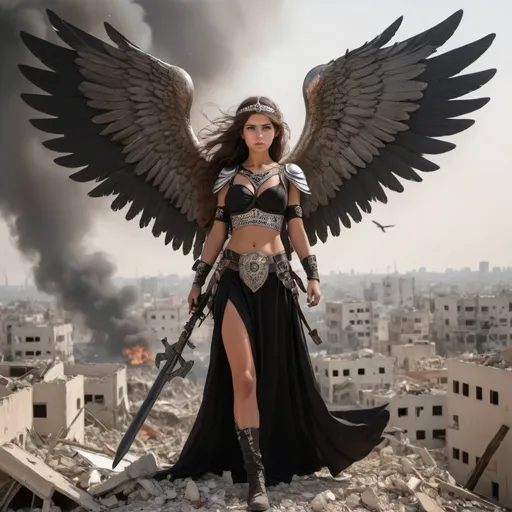 Prompt: The Valkyrie maidens with their oversized wings came to Gaza in the time of death and devastation! The flew over the city filled with death and destruction.  