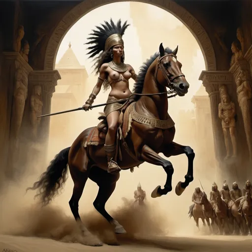 Prompt: style of Rembrandt, depicting an intense scene of people riding horseback, with Alma a Beduin warrior woman, piercing eyes, sensual poses, unclad. Fringe absurdism, complex flowing arabesque shapes, subtle shadows, Egyptian Pharaoh Warrior Armor, fractal, math, art by [Milo Manara | Ray Caesar | Ross Draws | Andy Kehoe | Hokusai | Alberto Seveso | Wadim Kashin]