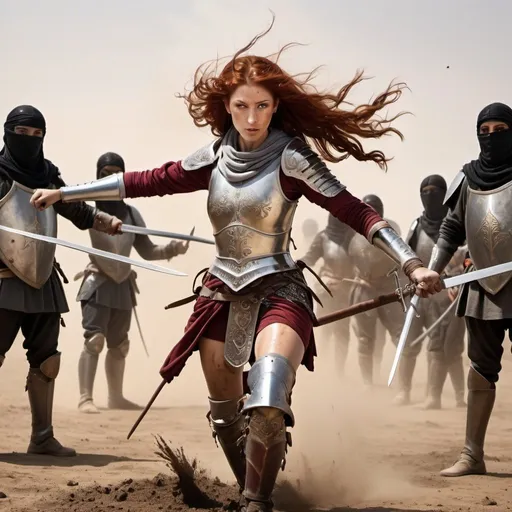 Prompt: Wide angel photo, fencing scene in the middle of a battle between Alma, an Arabian warrior woman with flowing dark red hair, clad in ornate Arab armor, revealing mud-spattered legs, arms, and midriff beneath a veneer of battle weariness, swords drawn and fencing with the enemy soldier, flags swords and shields engaged, dust rising from the ground, Hyper realistic, Orientalist style