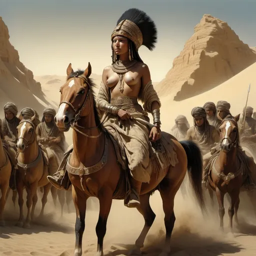 Prompt: style of Rembrandt, depicting an intense scene of people riding horseback, with Alma a Beduin warrior woman, piercing eyes, sensual poses, unclad. Fringe absurdism, complex Egyptian Pharaoh shapes, subtle shadows, Arabian Peninsula Bedouin Armor, fractal, math, art by [Milo Manara | Ray Caesar | Ross Draws | Andy Kehoe | Hokusai | Alberto Seveso | Wadim Kashin]