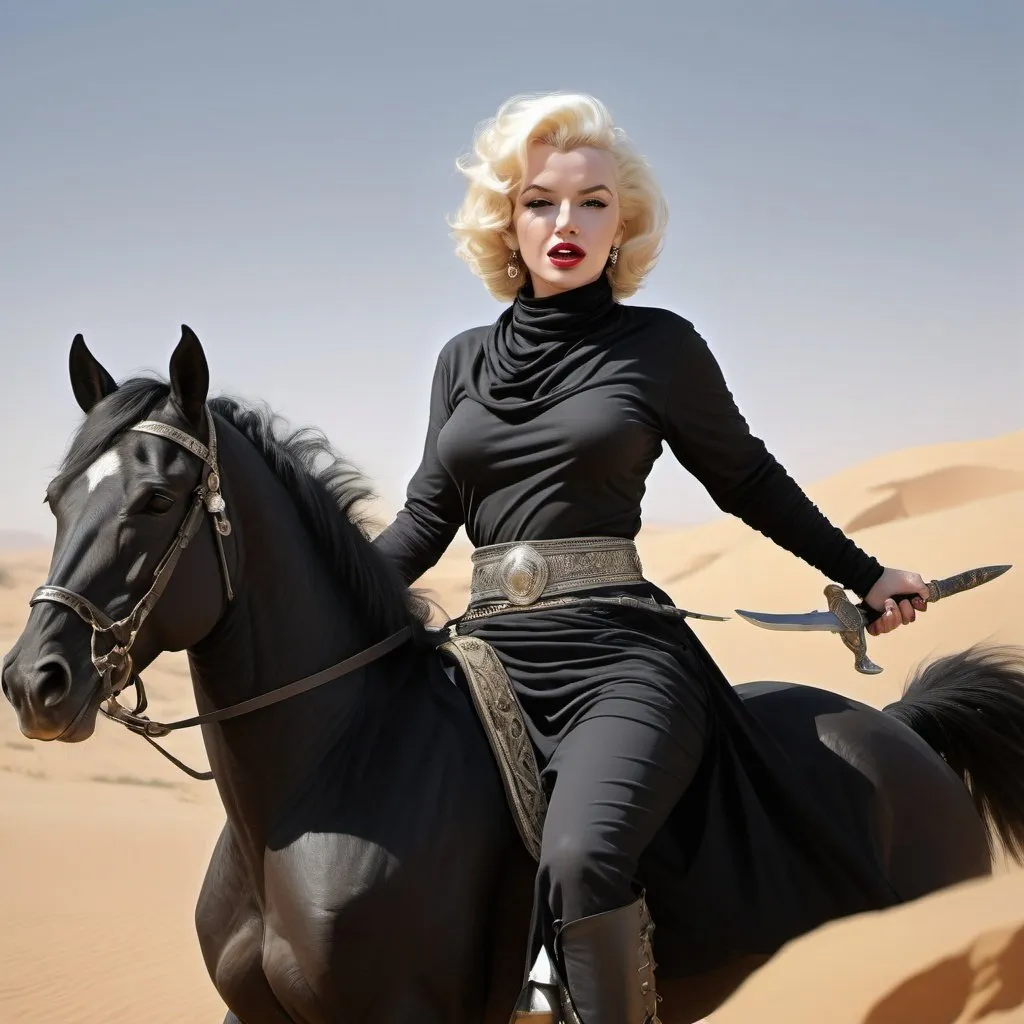 Prompt: Marilyn Monroe as Arab woman warrior, detailed black scantily clothing, Black vail, desert battle scene, Arabian stallion, palistinian kufiyah, waving war sword, fierce expression, leading 3 women arab warriors, sandy desert landscape, dynamic action, high quality, detailed realism, Arabian, warrior, battle scene, Black Arabian stallion, fierce expression, dynamic action, high quality, detailed realism,digital art,ultra realistic,ultra detailed, ultra wide Lens,