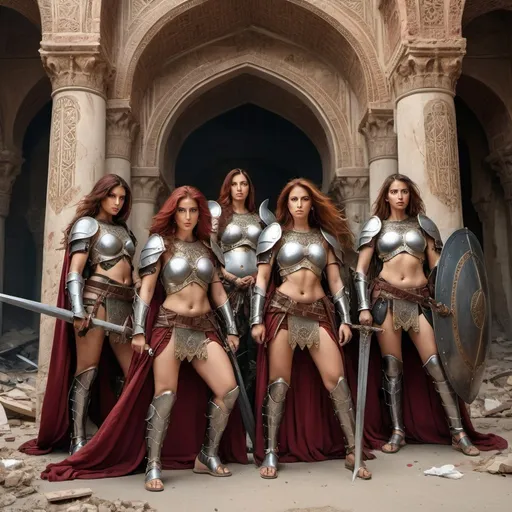 Prompt: Wide angel photo, in an urban battle scene, on hiddeng on their knees, 6 beautiful beduin worrior women with flowing dark red hair, clad in ornate Arab armor, with exposed legs and arms and and midriffs, beneath a veneer of battle weariness, behind a partially demolished wall with their shields and swords, Hyper realistic, Orientalist style