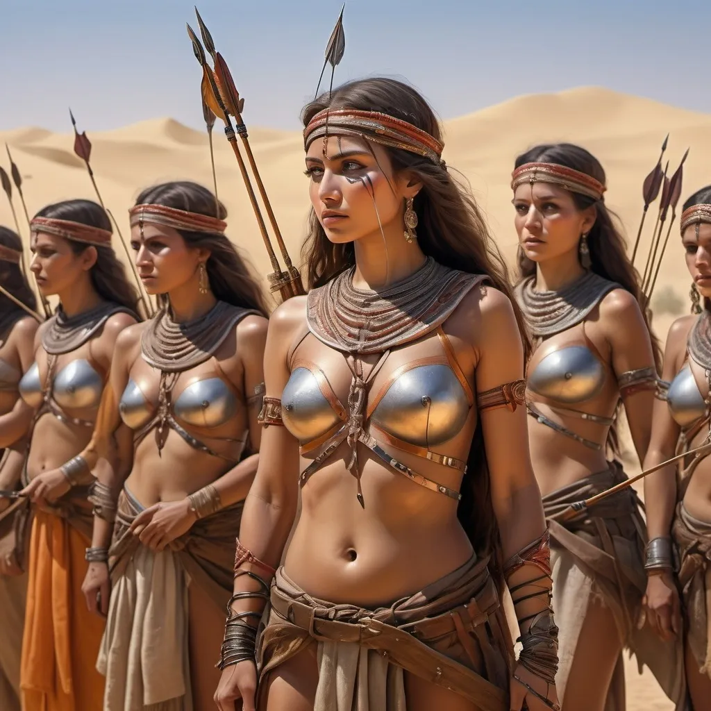 Prompt: Oil painting reminiscent of Leonardo da Vinci, Bedouin warrior women archers in body painted oriental armor, standing in a line releasing arrows towards the enemy, , ultra high resolution 8k, aspect ratio 7:4, capturing war, dust, and turmoil, in a photorealistic style, realistic painting detailed matte painting, deep color, fantastical, intricate detail, splash screen, complementary colors, fanta