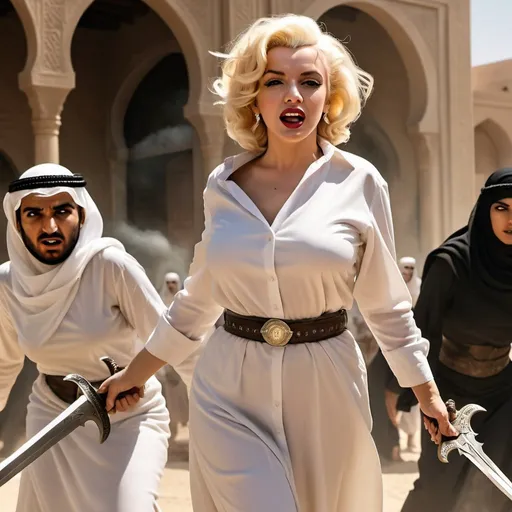 Prompt: Marilyn Monroe as Arab woman defending her family, clothing is torn, urban battle scen, waving war sword, fierce expression, accompanies by 3 women, dynamic action, high quality, detailed realism, battle scene, fierce expression, dynamic action, high quality,digital art,ultra realistic,ultra detailed, ultra wide Lens, dusty air, 