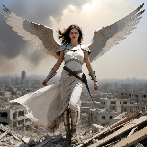 Prompt: in the style of abbott handerson thayer, a beautiful female angle flying over the destroyed city of Gaza dressed in scant white shining armour