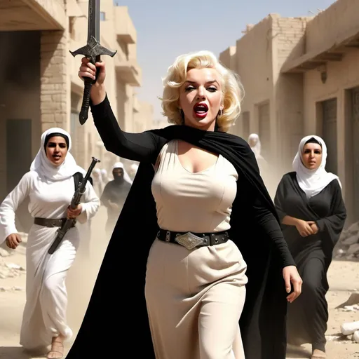 Prompt: Marilyn Monroe as Arab woman defending her family, black torn clothing, urban battle scen, waving war sword, fierce expression, accompanied by 3 women, dynamic action, high quality, detailed realism, digital art, ultra realistic, ultra detailed, ultra wide Lens, dusty air, carrying Palestinian Shield,