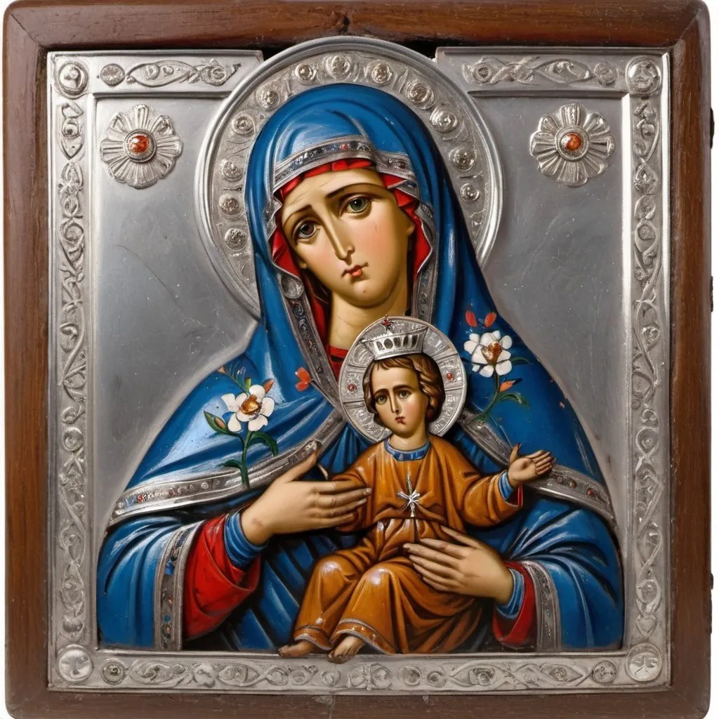 Prompt: Orthodox icon of virgin Mary with silver oklad with cloisonne enamel decoration. Tempera painting on chalk ground and wood. Depiction of Mary Queen of Palestine, seated on a wooden thrown, staring ahead, Holding in her arms a model of Jerusalem, Silver oklad in relief with polychrome enamel in cloisonne decoration with stylised blossoms, "Save Gaza" written on the bottom,  photorealistic, realistic painting, 8K ultra high resolution --ar 7:4"