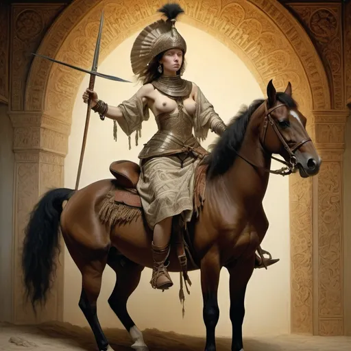 Prompt: style of Rembrandt, depicting an intense scene with Alma a Beduin warrior woman on horseback, piercing eyes, sensual pose. Fringe absurdism, complex flowing arabesque shapes, subtle shadows, , unclad collage body Mamluk Armor, fractal, math, art by [Milo Manara | Ray Caesar | Ross Draws | Andy Kehoe | Hokusai | Alberto Seveso | Wadim Kashin]