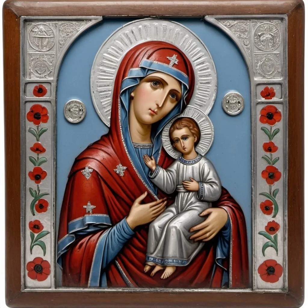 Prompt: Orthodox icon of virgin Mary with silver oklad with cloisonne enamel decoration. Tempera painting on chalk ground and wood. Depiction of Mary Queen of Palestine, seated on a wooden thrown, staring ahead, Holding in her arms a model of the city of Jerusalem, Silver oklad in relief with polychrome enamel in cloisonne decoration with stylised poppy red blossoms, "Save Gaza" written on the bottom,  photorealistic, realistic painting, 8K ultra high resolution --ar 7:4"