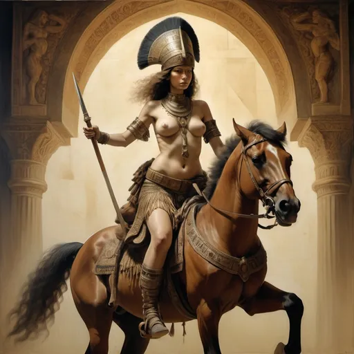 Prompt: style of Rembrandt, depicting an intense scene of people riding horseback, with Alma a Beduin warrior woman, piercing eyes, sensual poses, unclad. Fringe absurdism, complex flowing arabesque shapes, subtle shadows, Egyptian Pharaoh Warrior Armor, fractal, math, art by [Milo Manara | Ray Caesar | Ross Draws | Andy Kehoe | Hokusai | Alberto Seveso | Wadim Kashin]