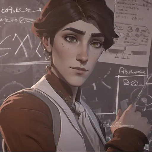 Prompt: A female version of Viktor from Arcane, (long shoulder-length hair), (softer facial features with the chin and nose less sharpened), (stylized character design), vivid colors, detailed attire inspired by Steampunk, intricate mechanical elements, atmospheric background of Piltover, (dynamic composition), captivating and strong presence, HD, vibrant lighting to highlight the character's essence.