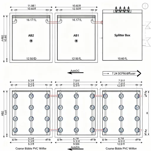 Prompt: Produce an AutoCAD-quality plan view drawing for a wastewater aeration system consisting of six rectangular basins, organized in two rows of three. The north (top) row basins are: 'AB2' (11.98 ft L x 10.60 ft W x 12.50 ft D), 'AB1' (16.17 ft L x 10.60 ft W x 12.50 ft D), and 'Splitter Box' (10.60 ft L x 7.51 ft W x 12.50 ft D). Mirror this layout for the south (bottom) row. In each 'AB1' and 'AB2' basin, delineate three supply laterals spaced 5.3 ft apart along the basin width, each fitted with coarse bubble PVC diffusers at 6 ft intervals, matching 9 diffusers per lateral in AB1 and 6 per lateral in AB2. Mark all internal and external basin dimensions with dimension lines, label all basins, show air manifold headers, designate 7.24 SCFM/diffuser, and use process arrows to indicate airflow direction. Apply professional engineering standards for scaling, labeling, annotations, and sectional marks on the plan.