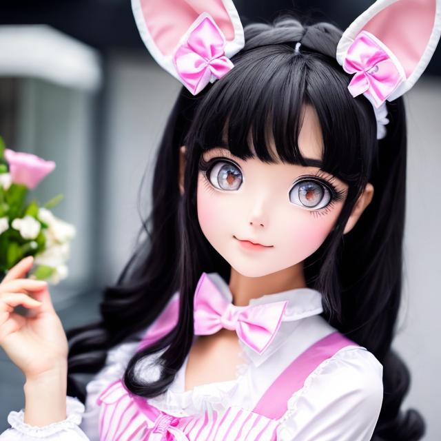 Prompt: an attractive anime bunny maid with black hair and silver-colored eyes look at you from a certain distance as stands in front of you. her face forms a cute expression,her furrowed brows showing a just a bit of sadness as her look remain quiet and cold, just a bit slight of blush. she wears a sailor or a bunny outfit in white and pastel purple, pink colors and has a necklace around her neck in the form of a bow,  which is white or lilac. she wears a fancy pair of stockings and cute shoes.